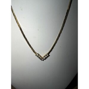 Vintage Gold Tone Herringbone‎ V Shape CZ Diamond Necklace Korea